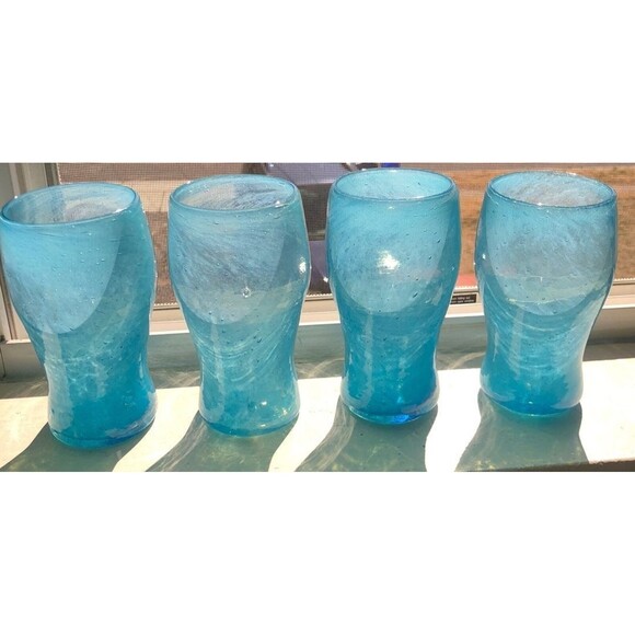 no brand Other - 4 Handblown art glass swirl white and Aqua vintage glasses